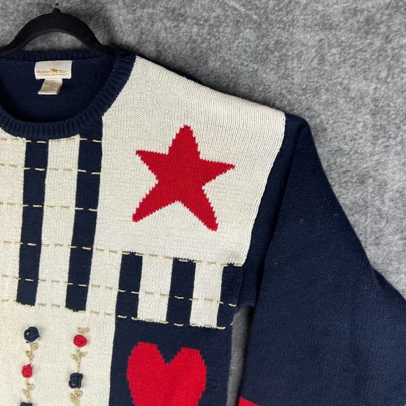 Vintage Hunters Run Sweater Womens Medium Patchwork Americana USA Flag Grandma - Picture 8 of 16